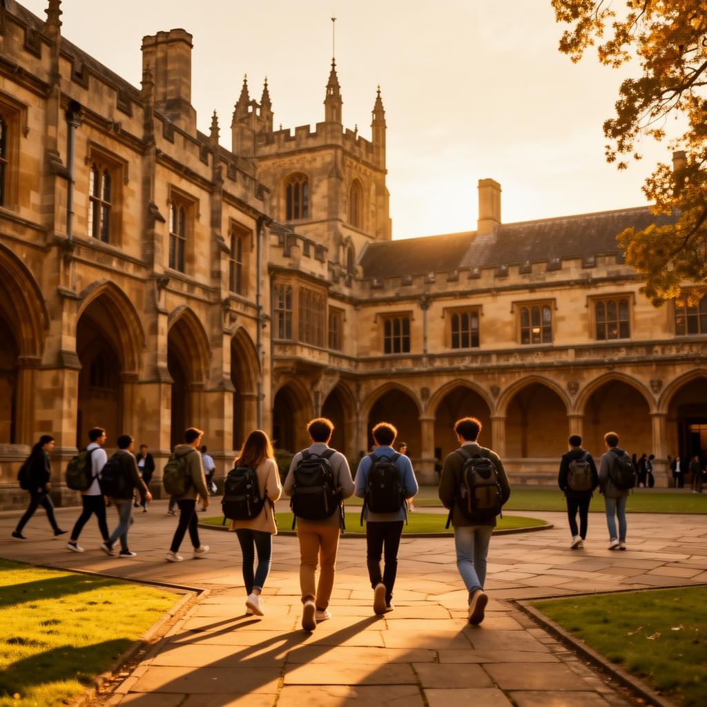 Students walking through a historic UK university quad at golden hour