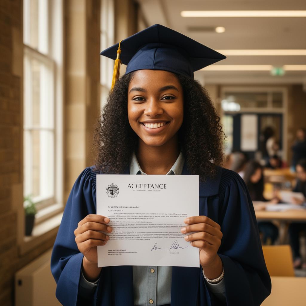 A smiling student in graduation cap holding a university acceptance letter